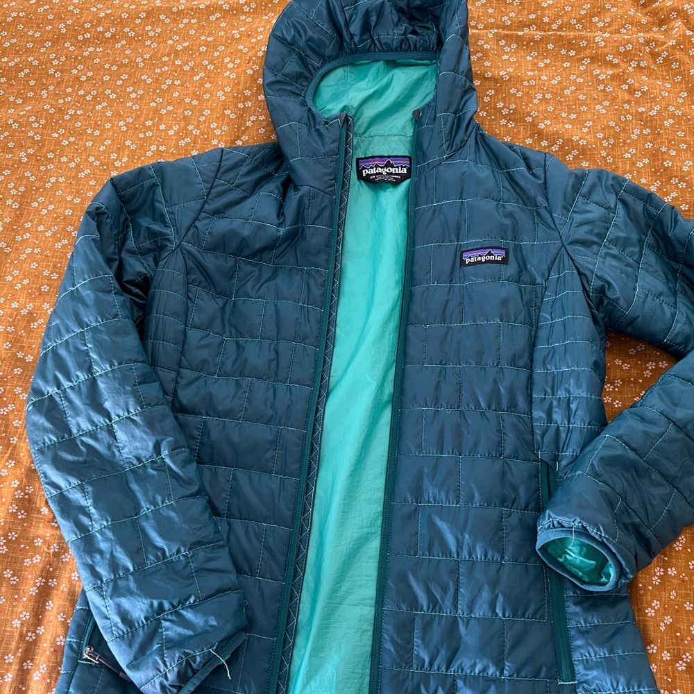 Patagonia Teal & Aqua Quilted Hooded Puffer Jacket